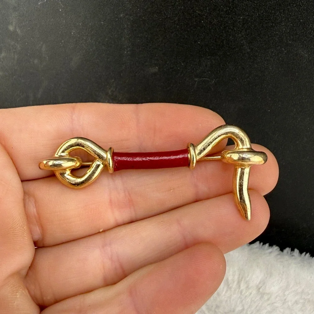 Vintage Brooch Equestrian Hook and Eye Gold Red Enamel  Pin